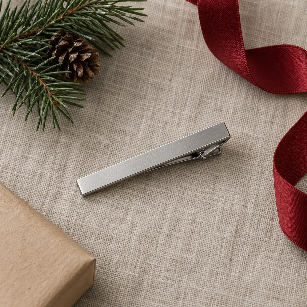 Representative photo-style image of modern matte finish tie clip — generated, not a specific product