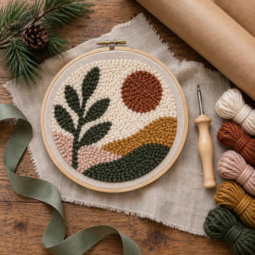 Representative photo-style image of modern punch needle art kit — generated, not a specific product