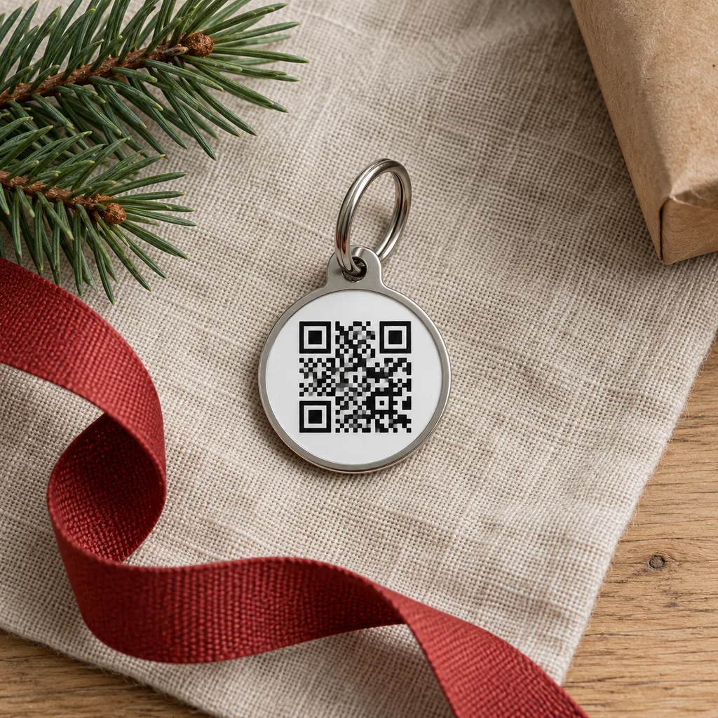 Representative photo-style image of modern qr code pet id tag — generated, not a specific product