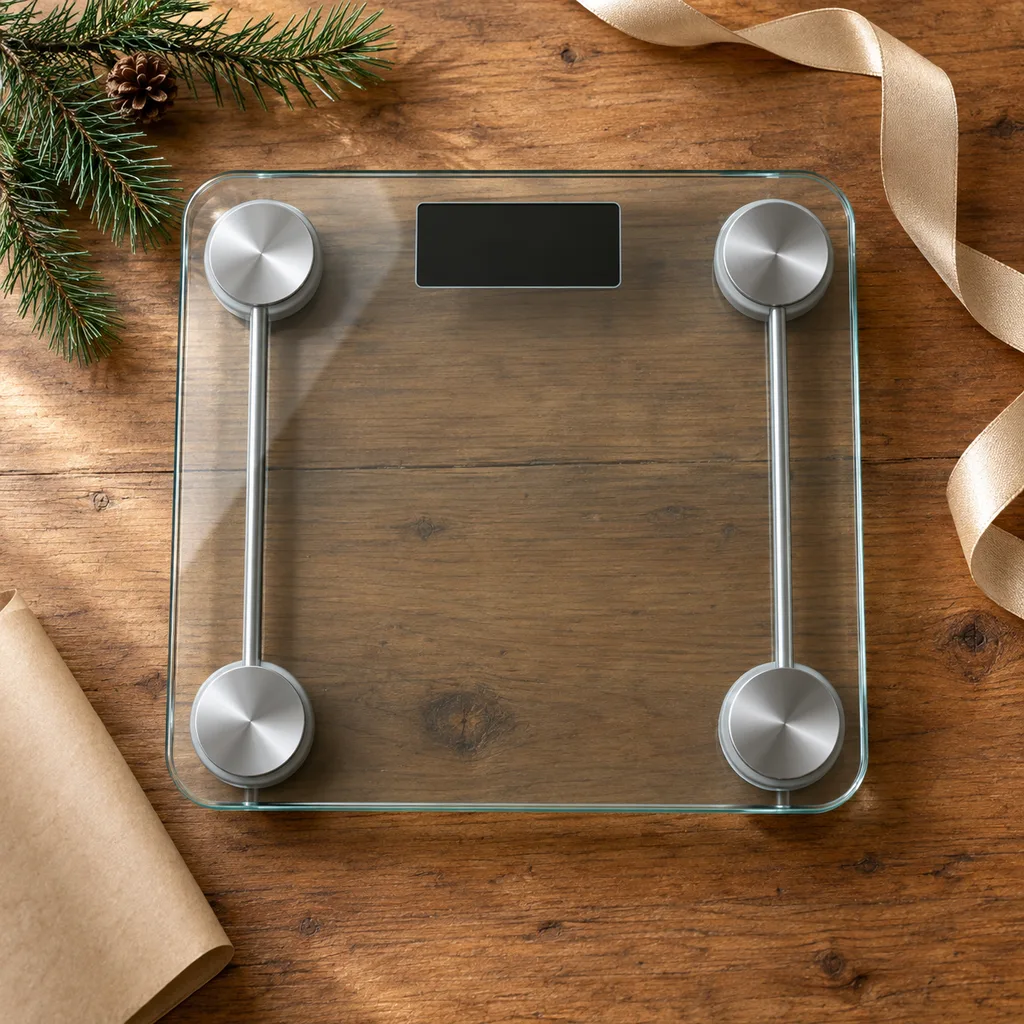 Representative photo-style image of modern sleek glass weight scale — generated, not a specific product