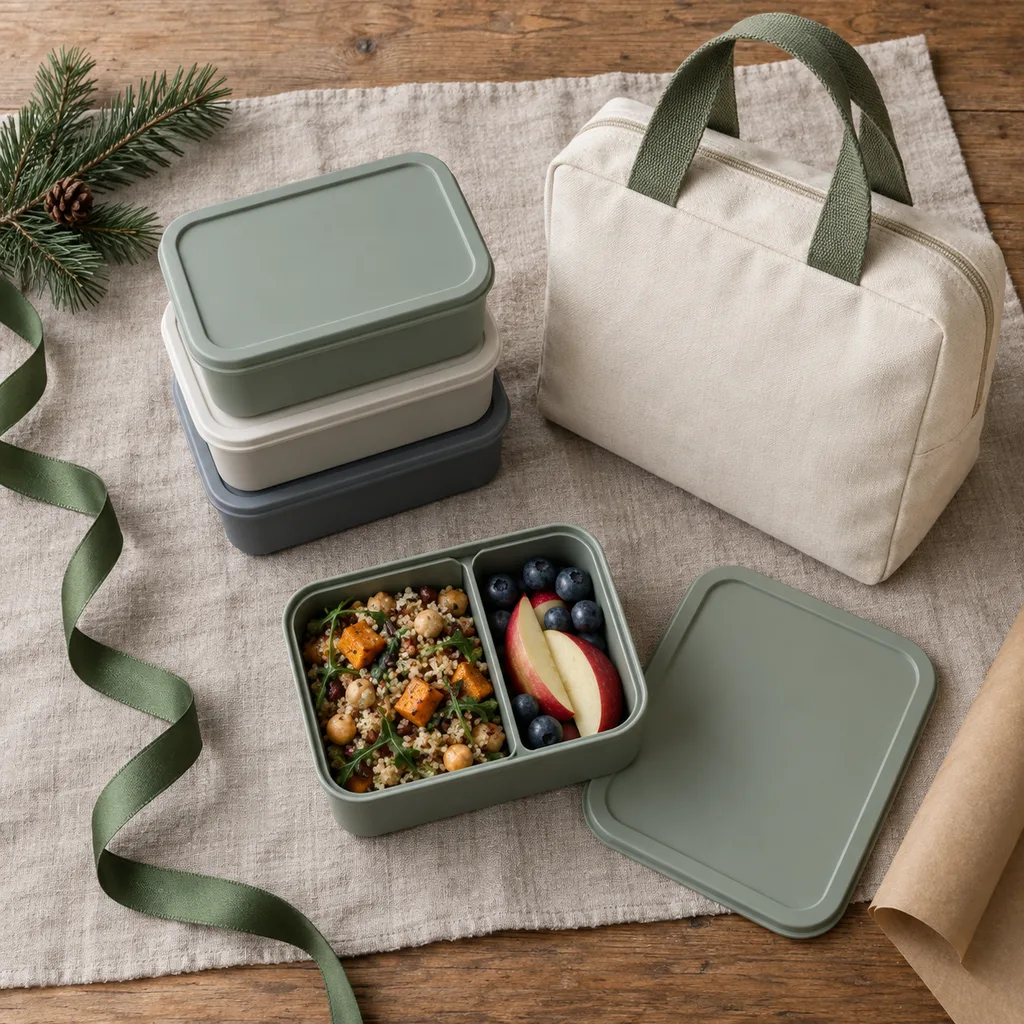 Representative photo-style image of modular stackable lunch containers — generated, not a specific product