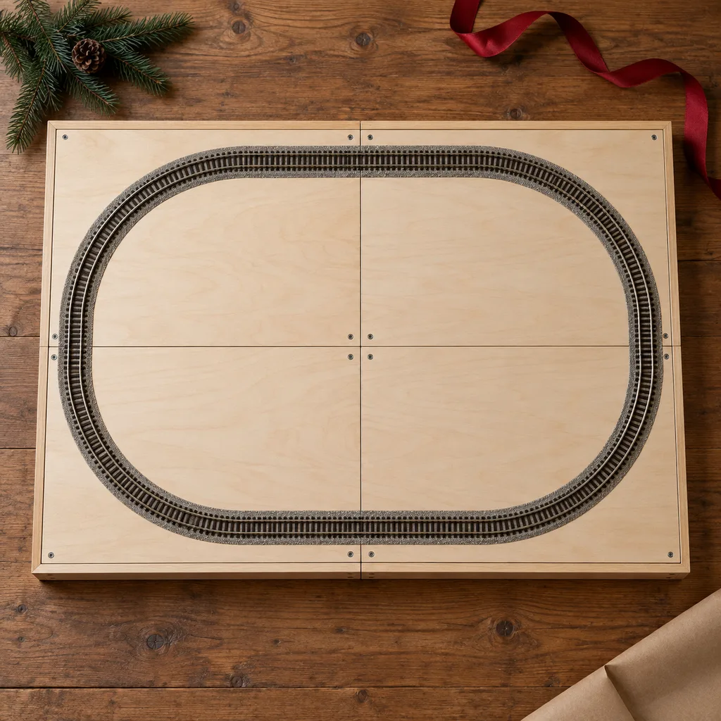 Representative photo-style image of modular train layout baseboard — generated, not a specific product