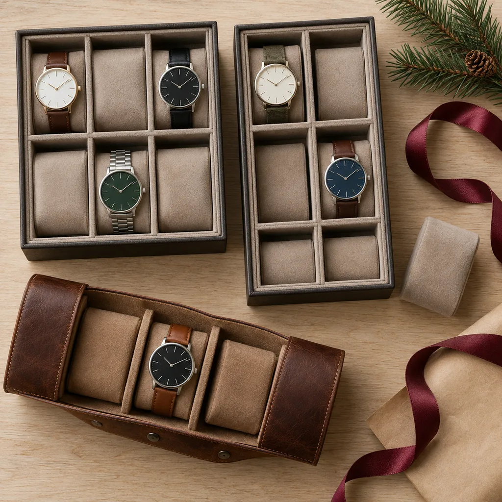 Representative photo-style image of modular watch drawer organizers — generated, not a specific product