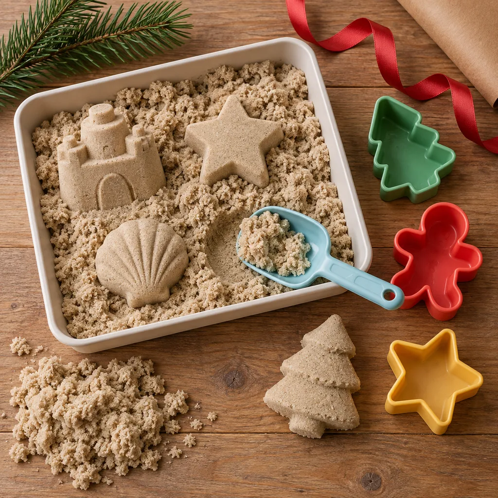Representative photo-style image of moldable kinetic sand kit — generated, not a specific product