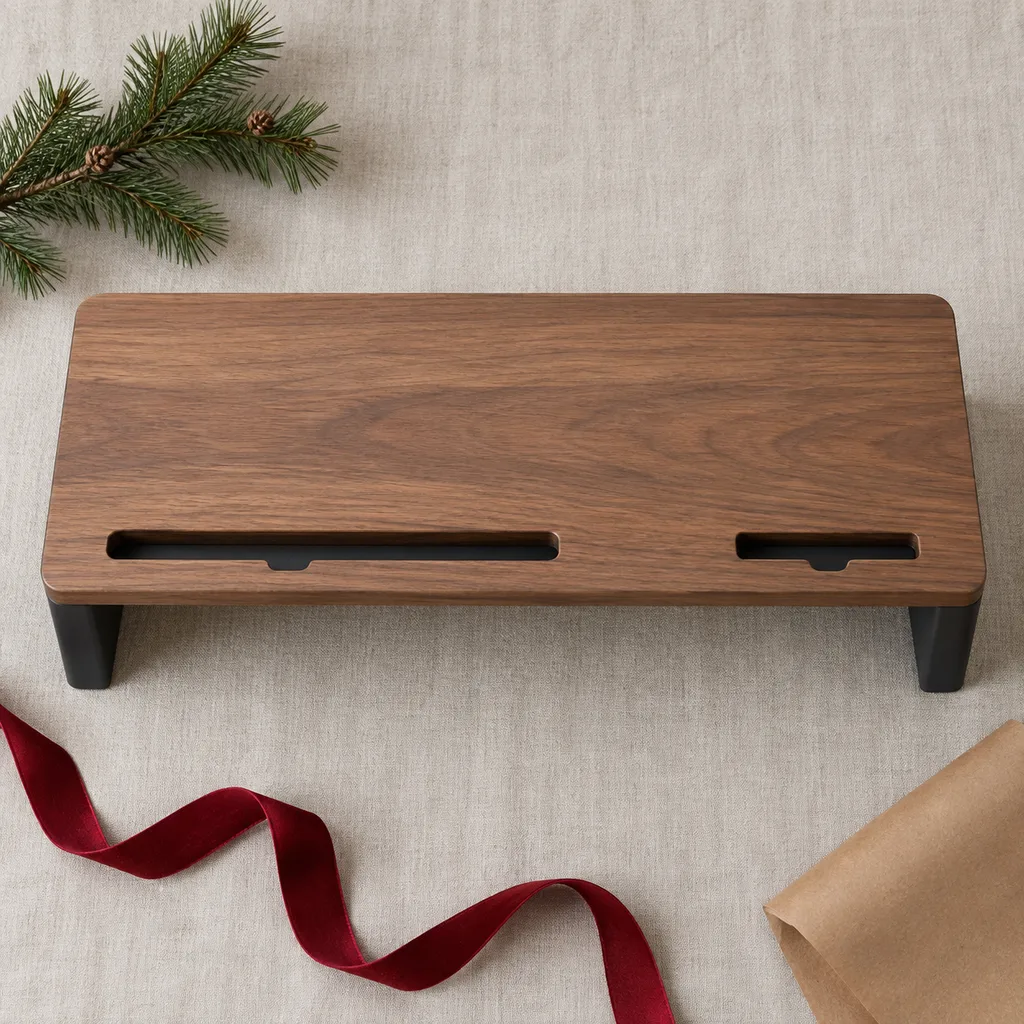 Representative photo-style image of multi-device desktop stand — generated, not a specific product