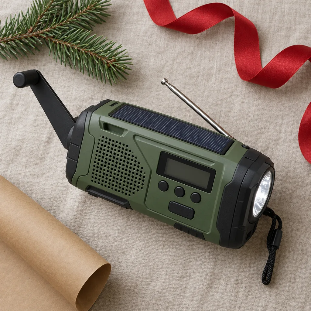 Representative photo-style image of multi-function hand-crank radio — generated, not a specific product