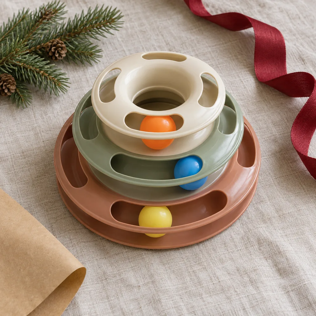 Representative photo-style image of multi-level ball track cat toy — generated, not a specific product