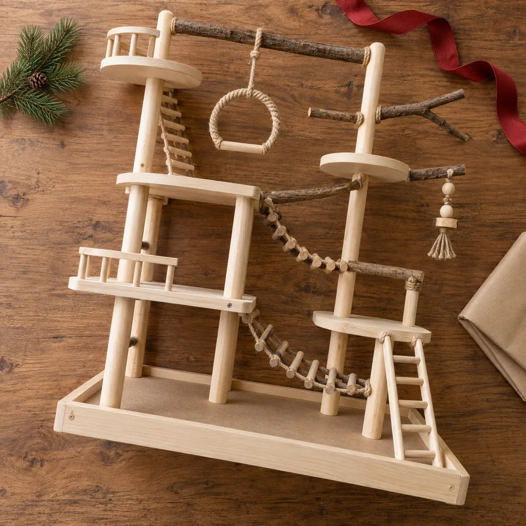 Representative photo-style image of multi-level bird exploration tower — generated, not a specific product