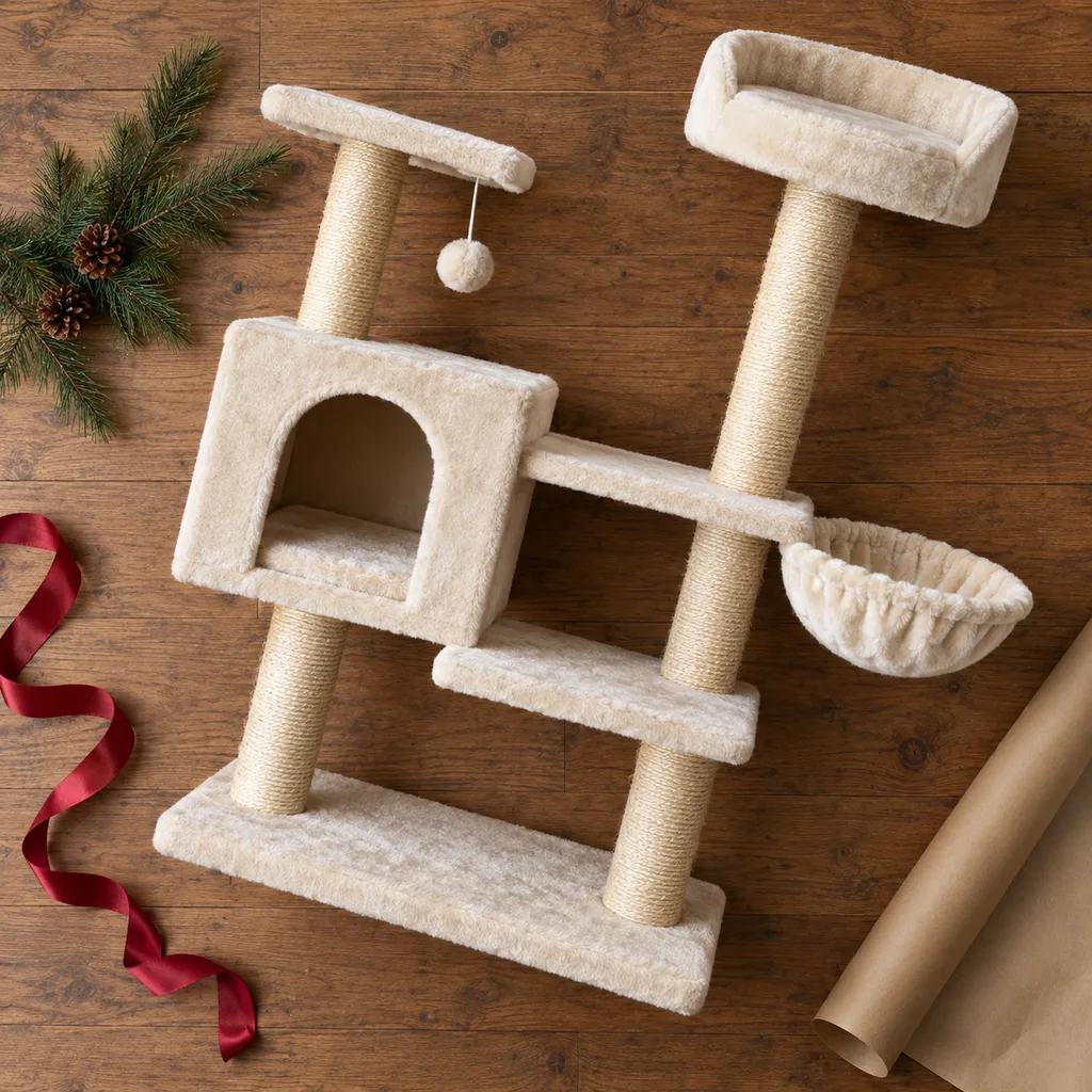 Representative photo-style image of multi-level cat activity tree — generated, not a specific product