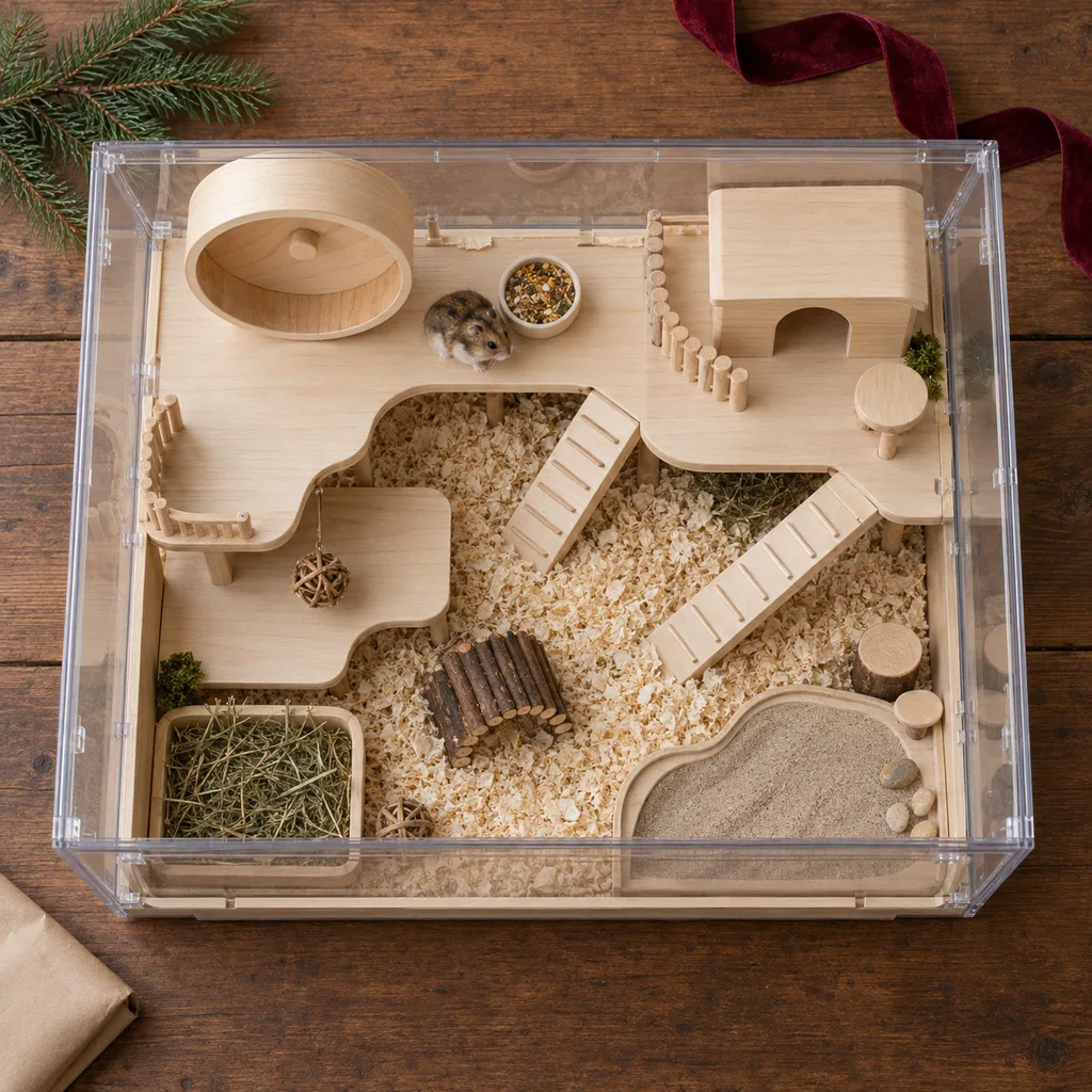 Representative photo-style image of multi-level hamster habitat — generated, not a specific product