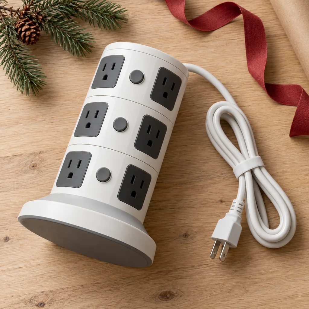 Representative photo-style image of multi-level tower power strip — generated, not a specific product