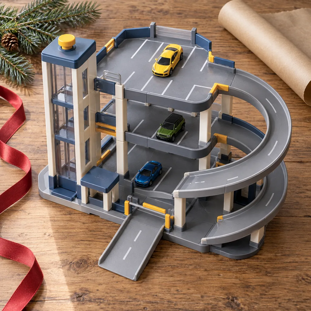 Representative photo-style image of multi-level toy car garage — generated, not a specific product