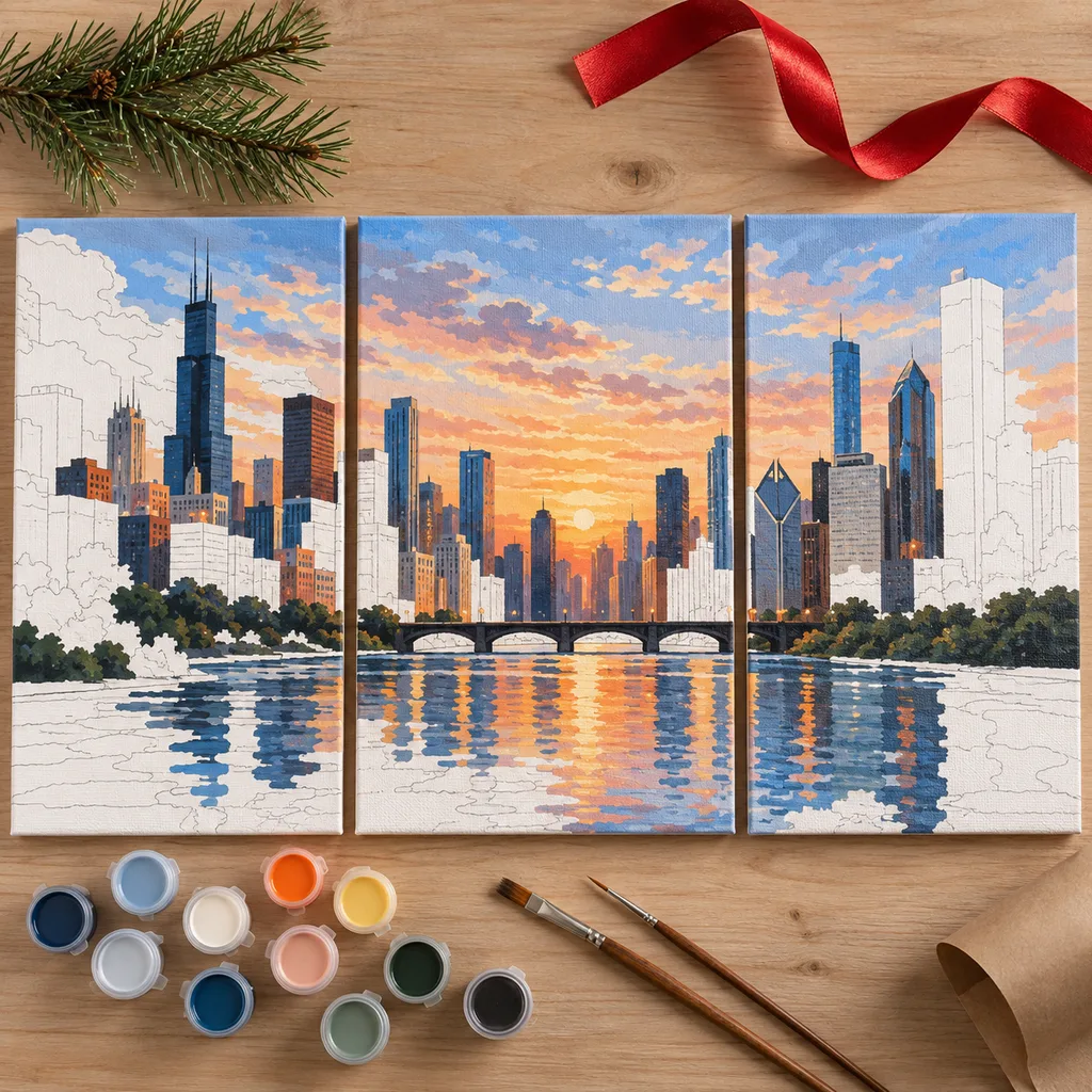 Representative photo-style image of multi-panel cityscape paint kit — generated, not a specific product