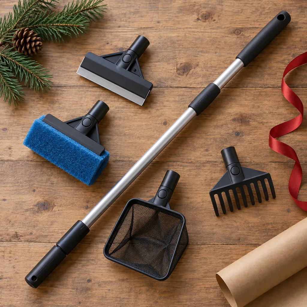 Representative photo-style image of multi-purpose aquarium cleaning tools — generated, not a specific product