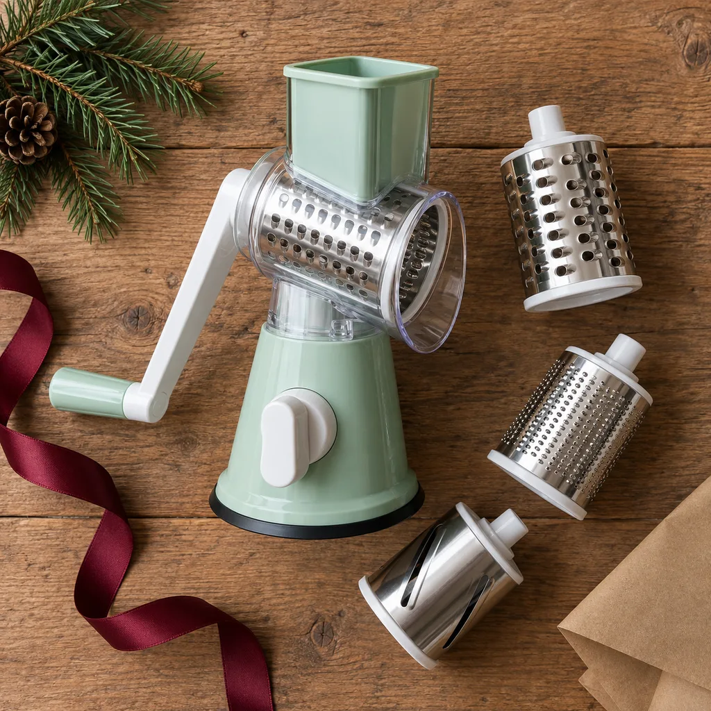 Representative photo-style image of multi-purpose drum grater with suction base — generated, not a specific product