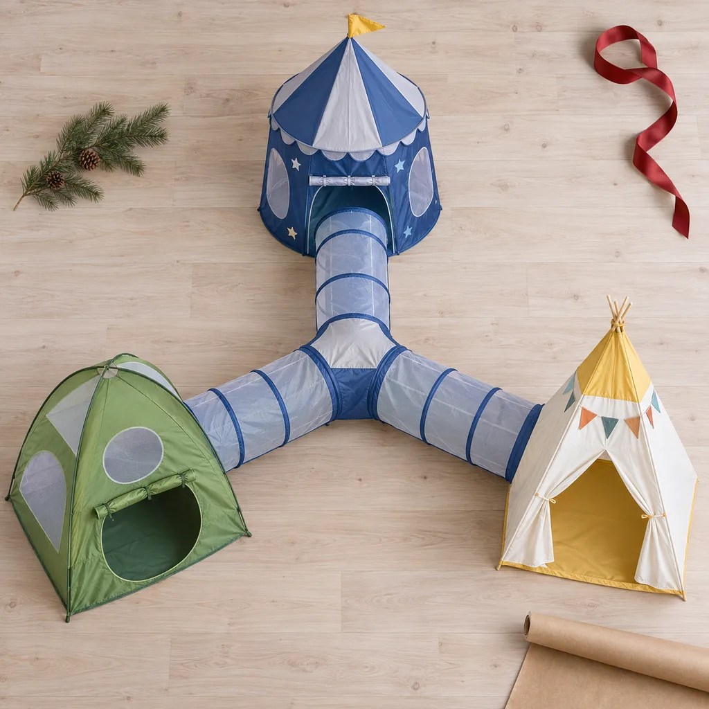 Representative photo-style image of multi-room adventure play tent — generated, not a specific product