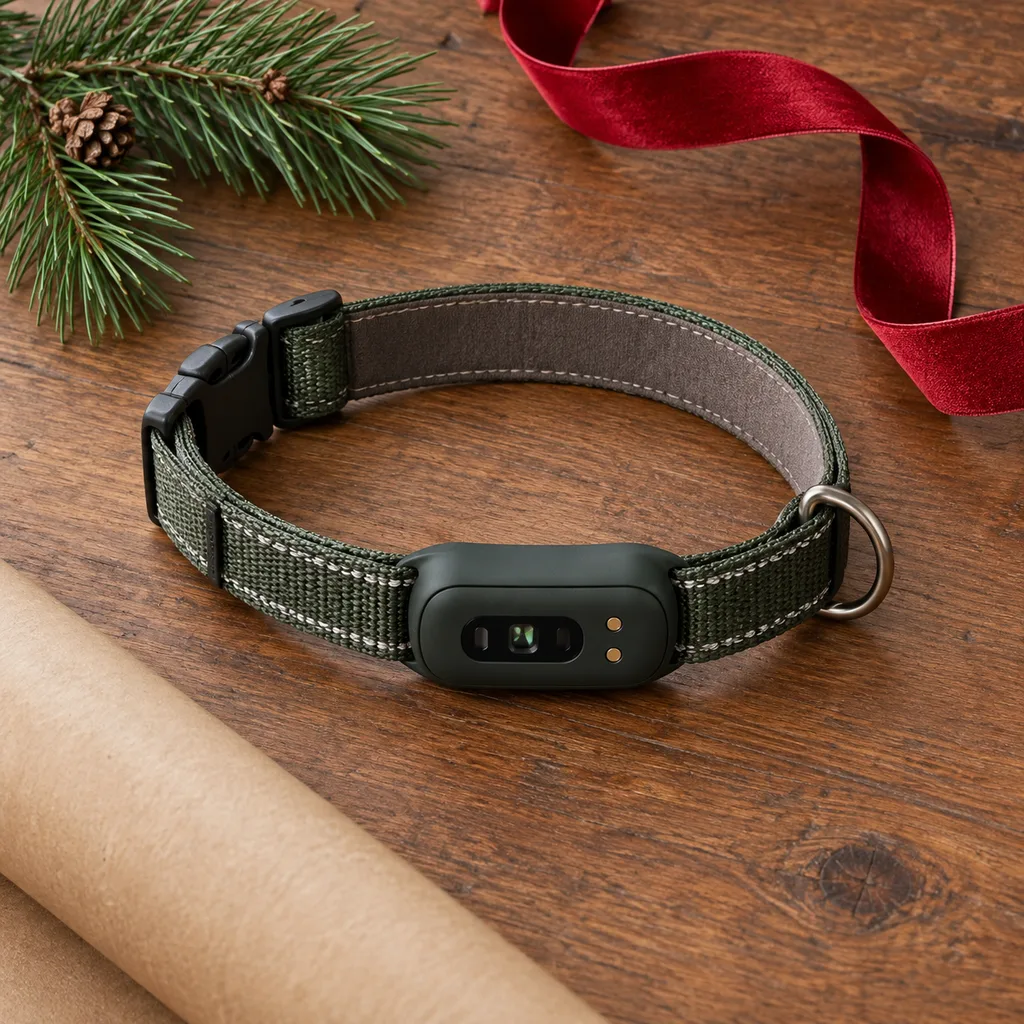 Representative photo-style image of multi-sensor pet health collar — generated, not a specific product