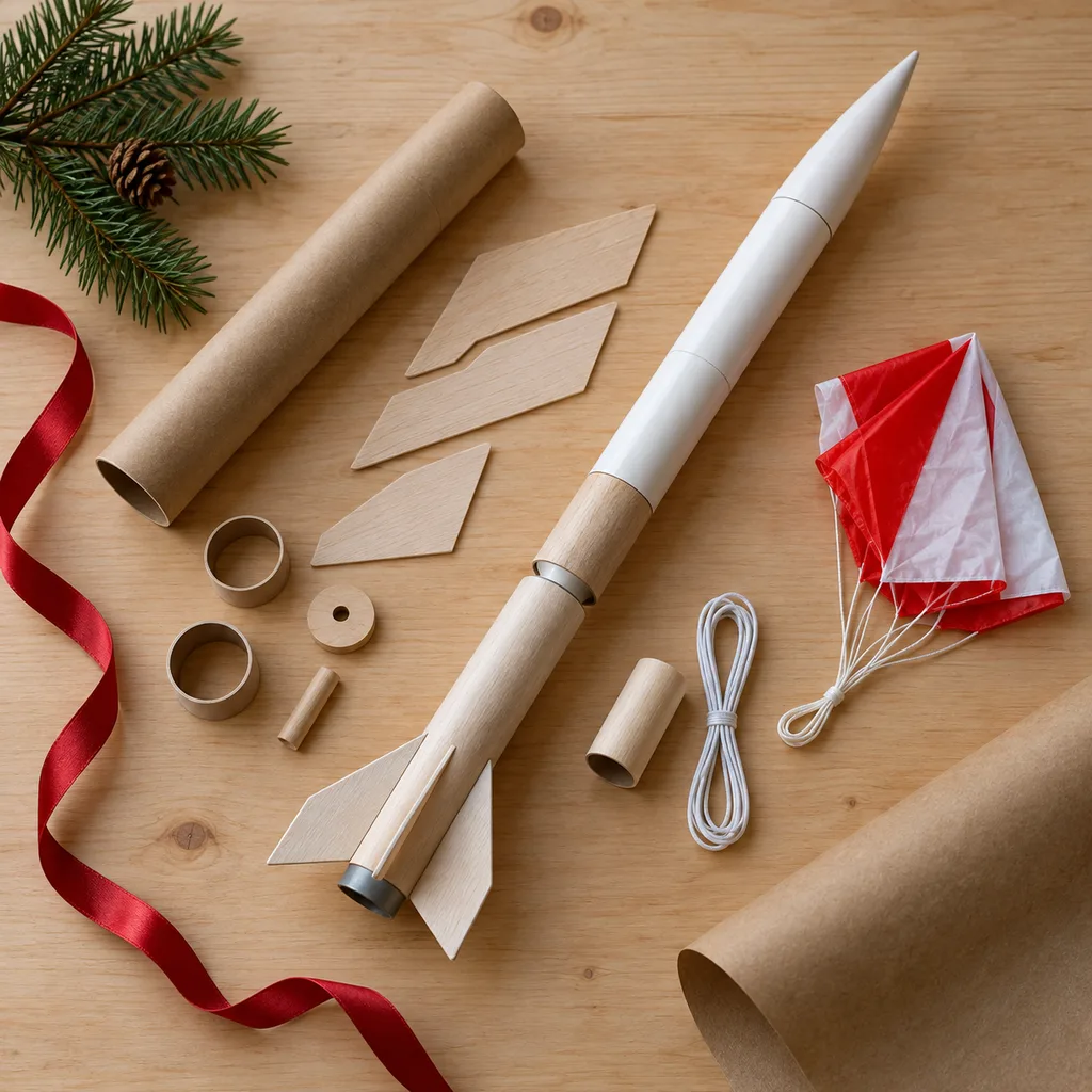 Representative photo-style image of multi-stage model rocket kit — generated, not a specific product