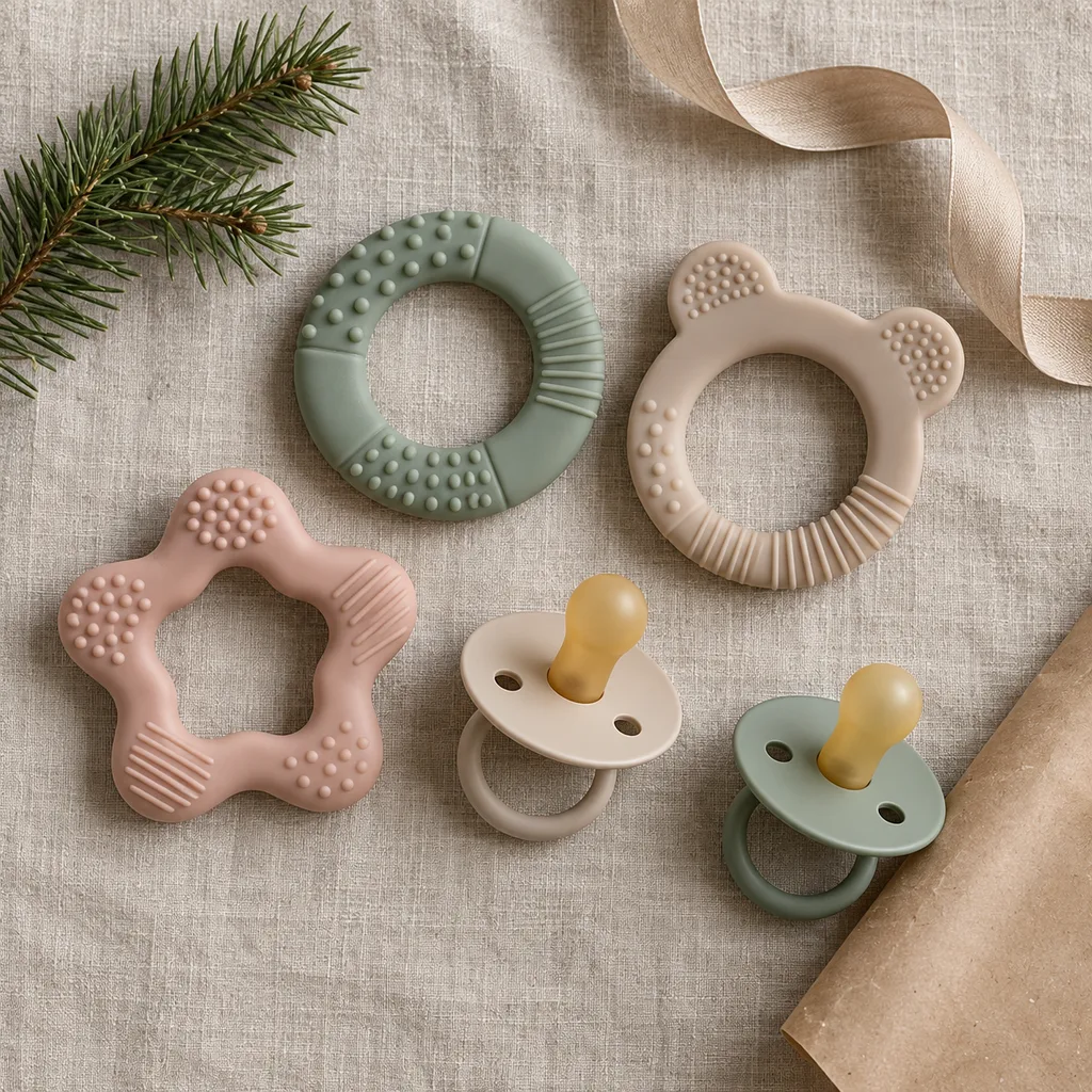 Representative photo-style image of multi-textured teether set — generated, not a specific product