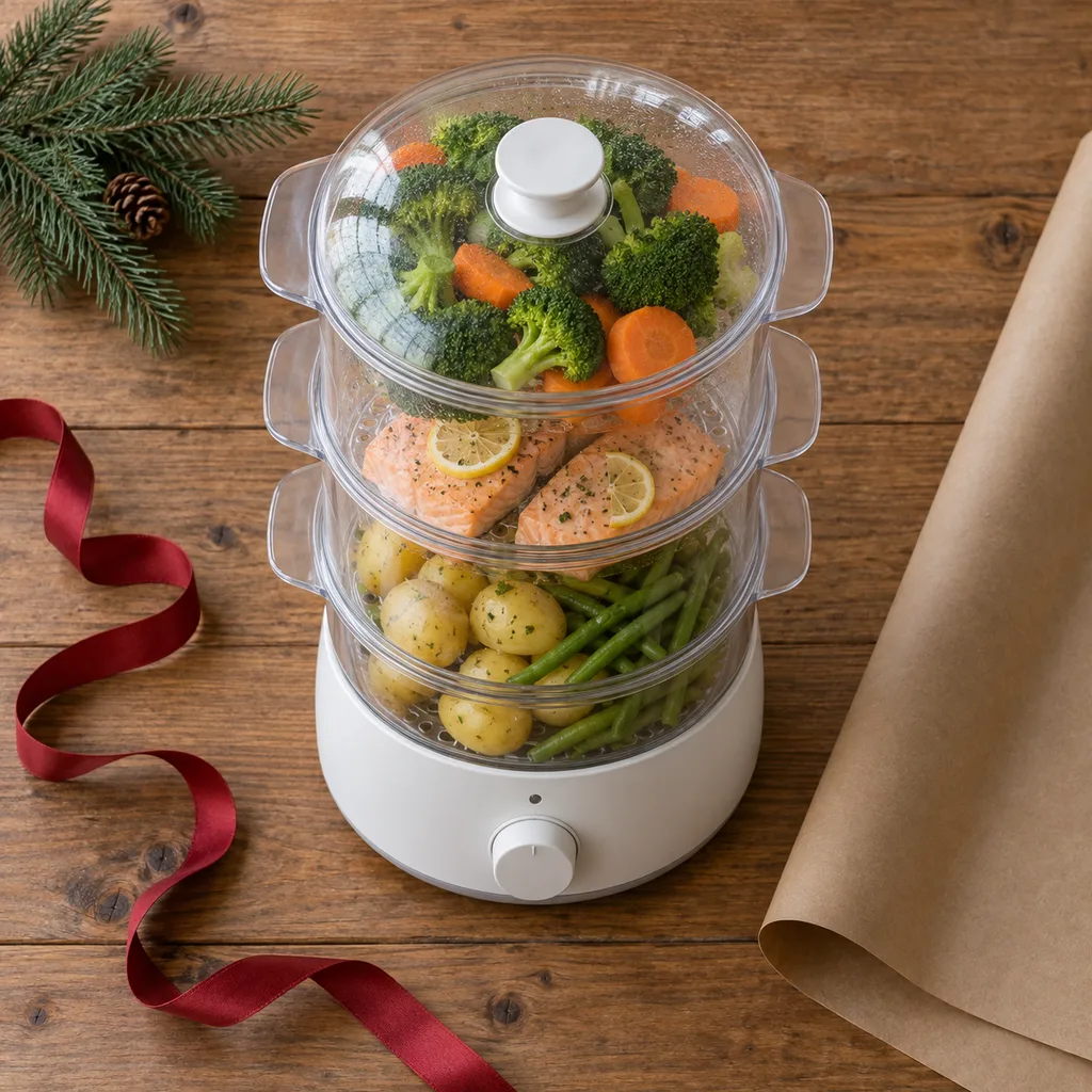 Representative photo-style image of multi-tier electric food steamer — generated, not a specific product