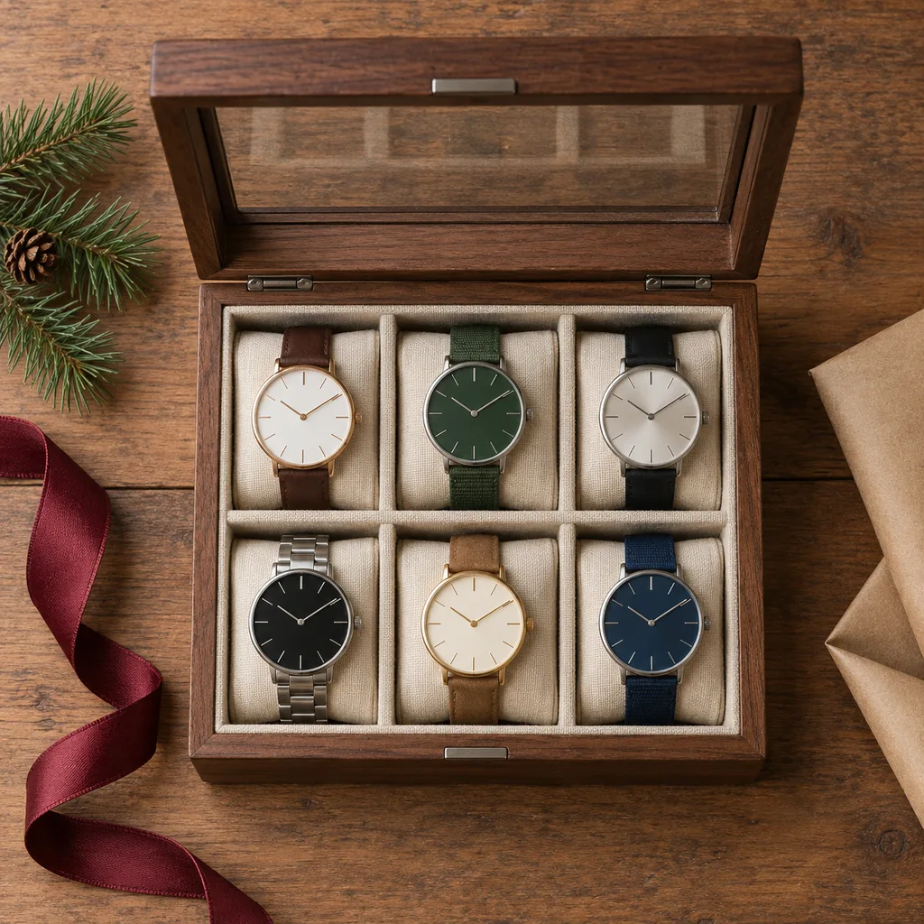 Representative photo-style image of multi-watch display box — generated, not a specific product