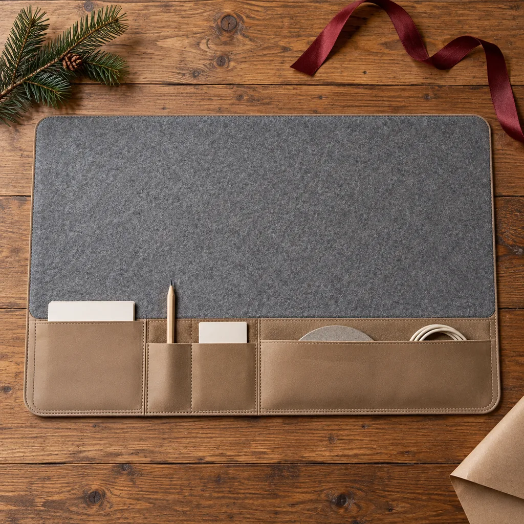Representative photo-style image of multifunctional desk mat with pockets — generated, not a specific product