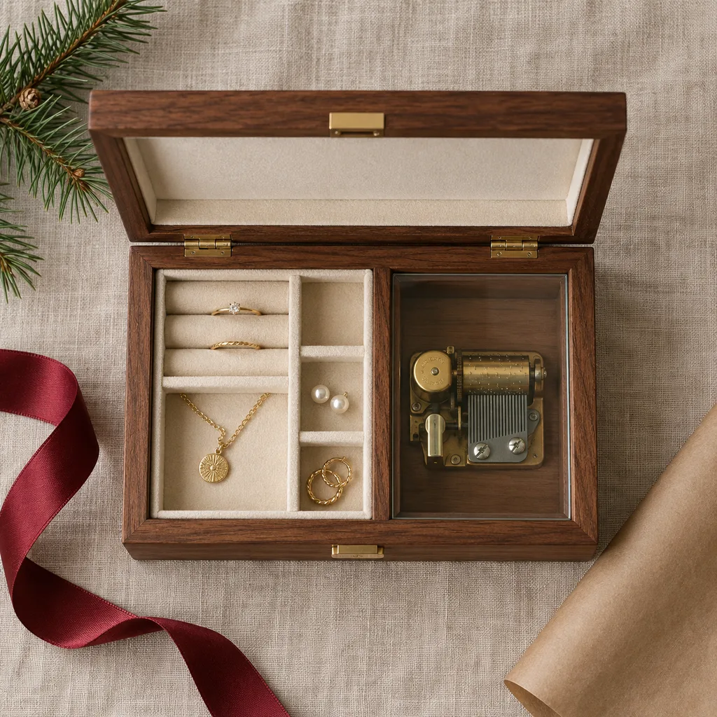 Representative photo-style image of musical jewelry storage box — generated, not a specific product