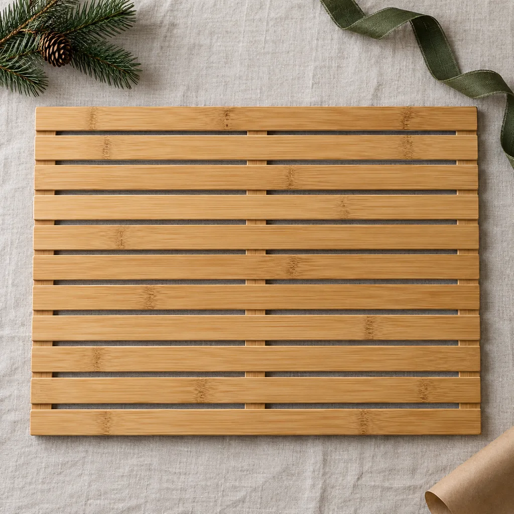 Representative photo-style image of natural bamboo slatted bath mat — generated, not a specific product