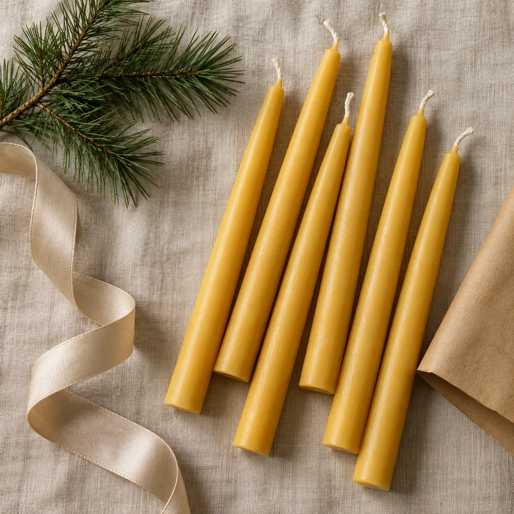 Representative photo-style image of natural beeswax taper candles — generated, not a specific product