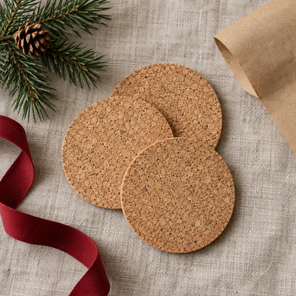 Representative photo-style image of natural cork coasters — generated, not a specific product