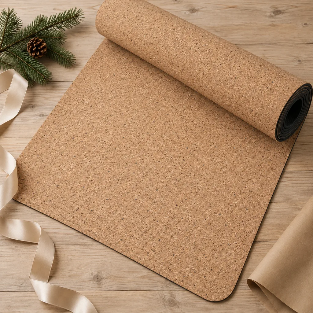 Representative photo-style image of natural cork surface yoga mat — generated, not a specific product