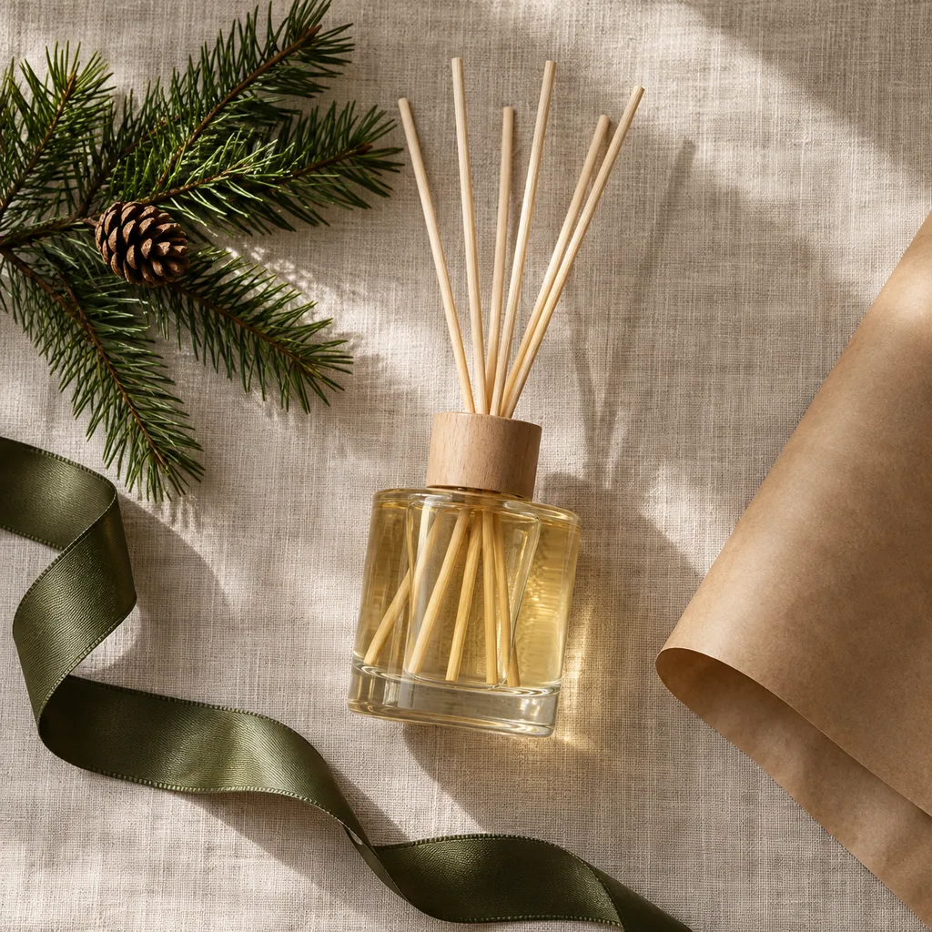 Representative photo-style image of natural essential oil reed diffuser — generated, not a specific product