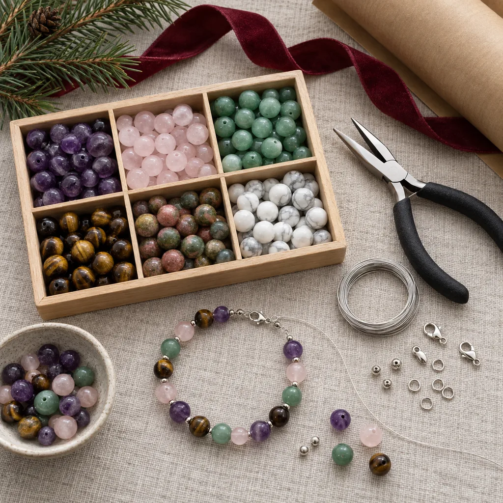 Representative photo-style image of natural gemstone jewelry making kit — generated, not a specific product