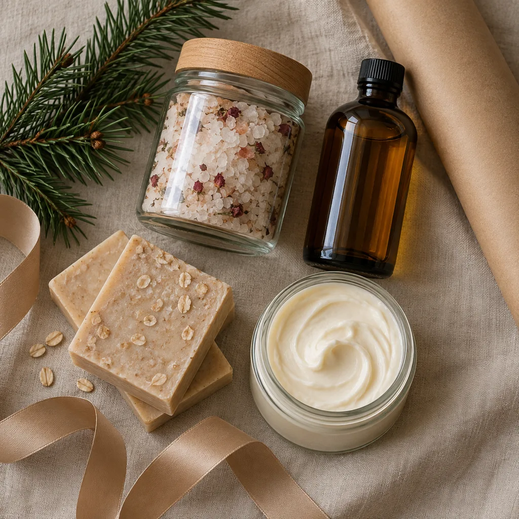 Representative photo-style image of natural ingredient bath & body collection — generated, not a specific product