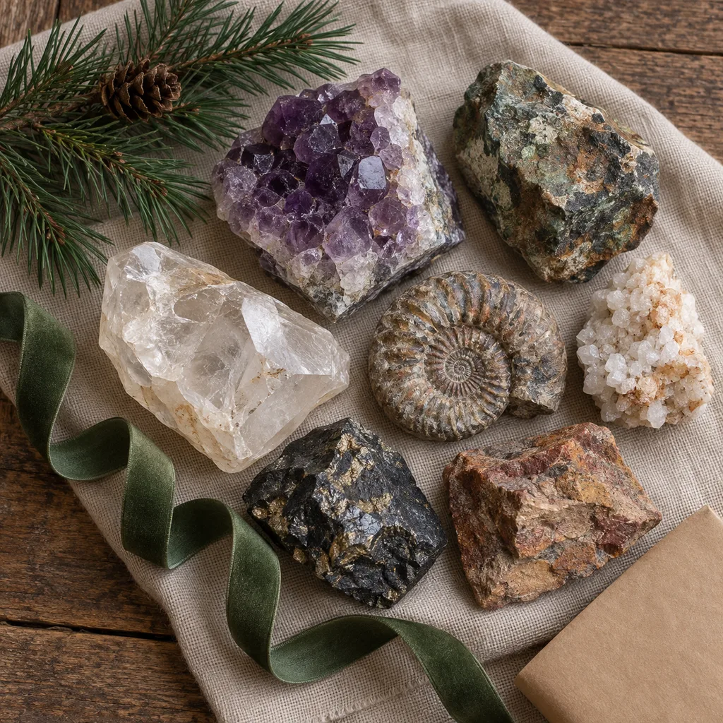 Representative photo-style image of natural raw mineral specimen set — generated, not a specific product