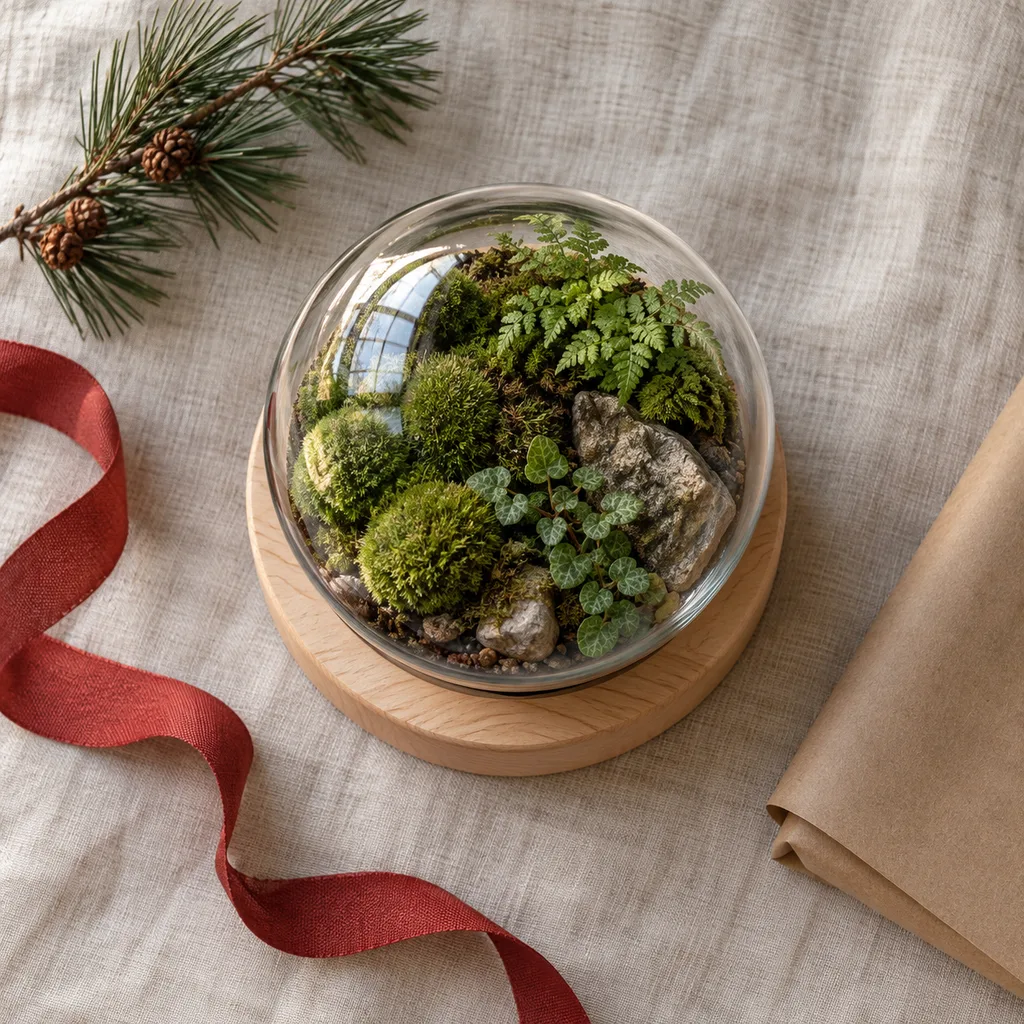 Representative photo-style image of natural wood base ecosphere — generated, not a specific product