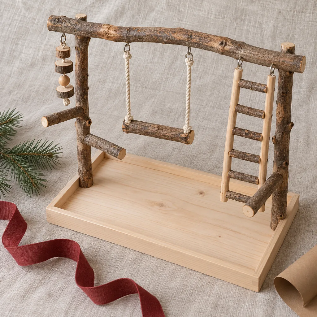 Representative photo-style image of natural wood bird play gym — generated, not a specific product