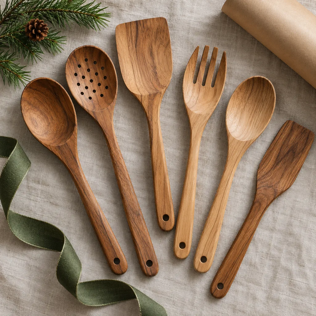 Representative photo-style image of natural wood kitchen utensil assortment — generated, not a specific product
