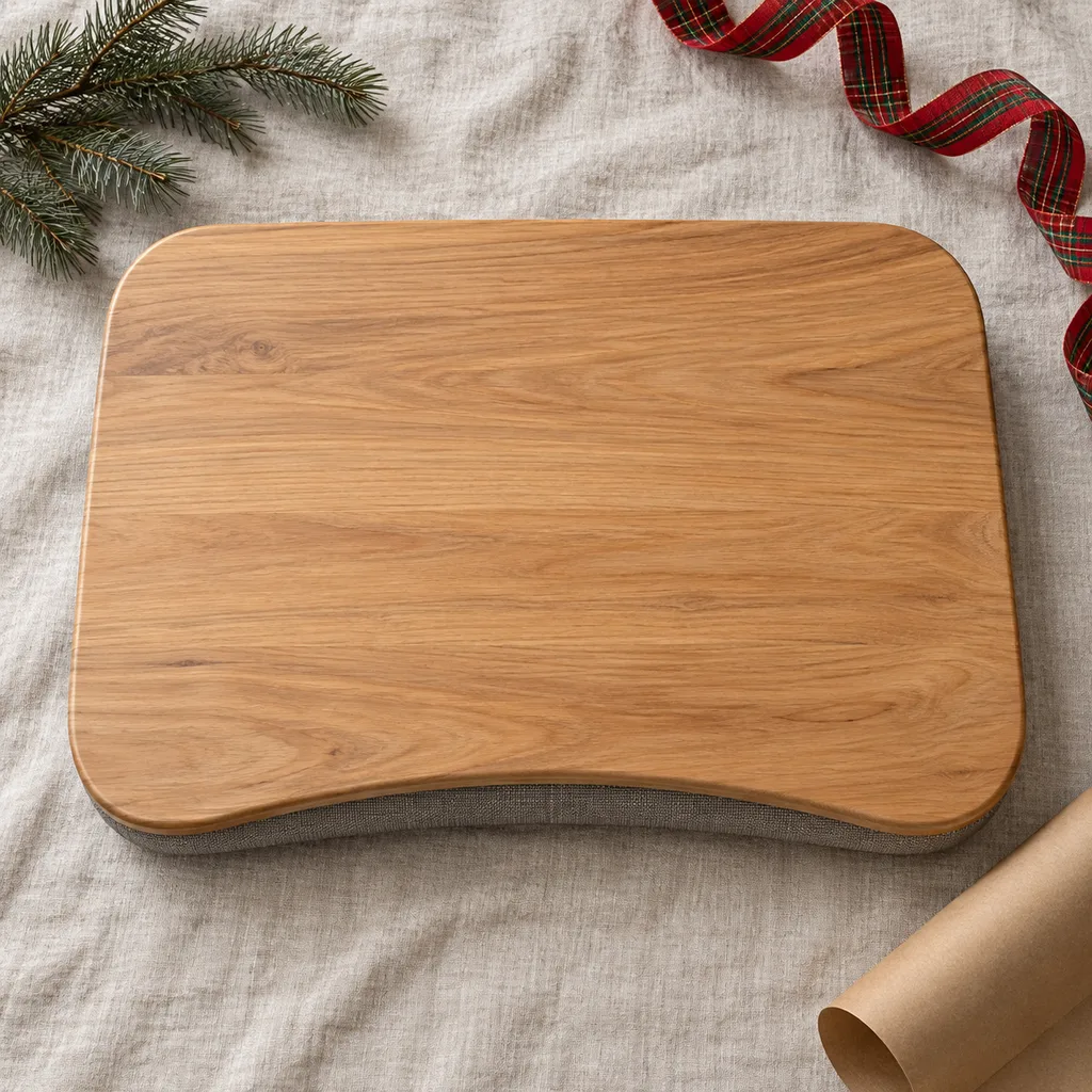 Representative photo-style image of natural wood lap desk — generated, not a specific product