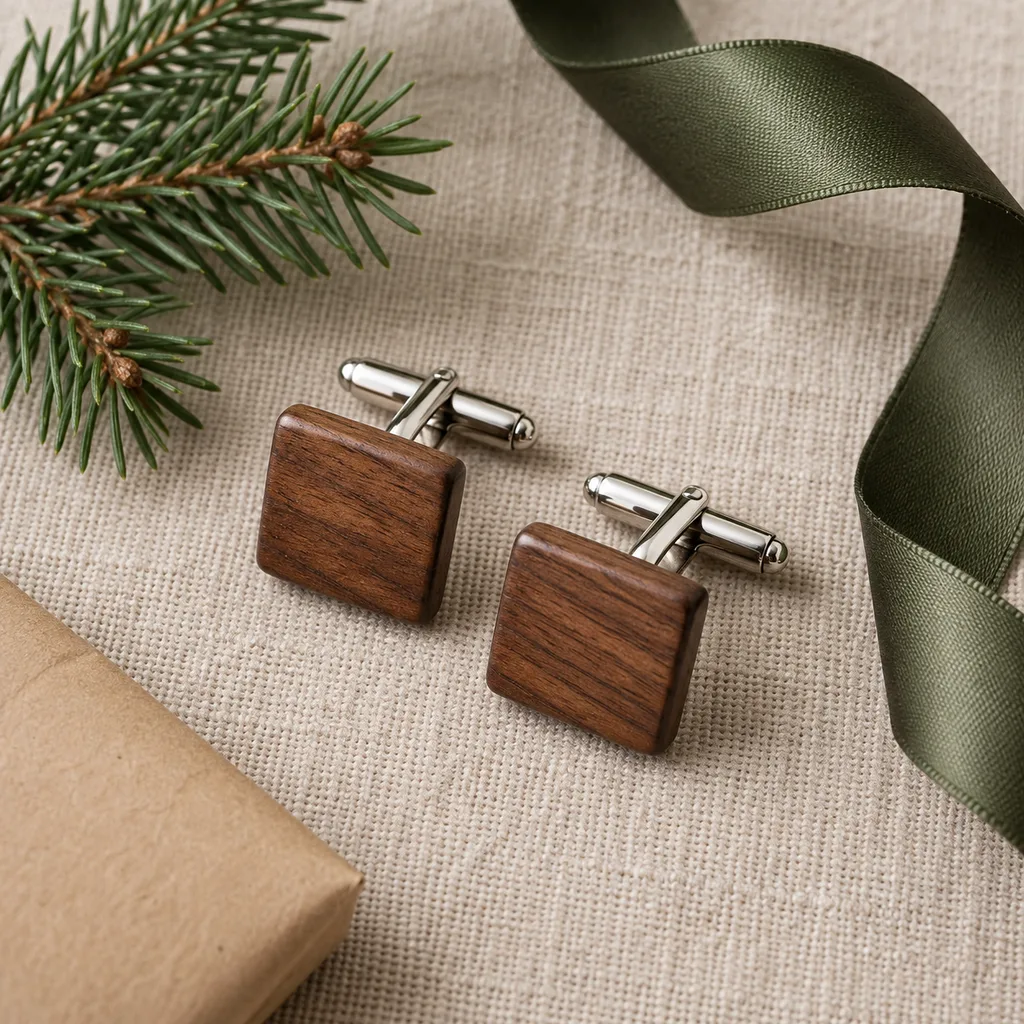 Representative photo-style image of wooden cufflinks — generated, not a specific product