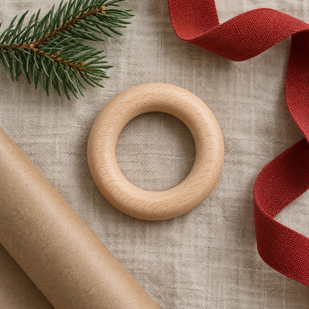 Representative photo-style image of natural wooden teether toy — generated, not a specific product