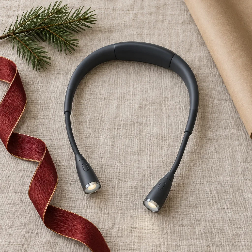 Representative photo-style image of neck-worn reading lamp — generated, not a specific product