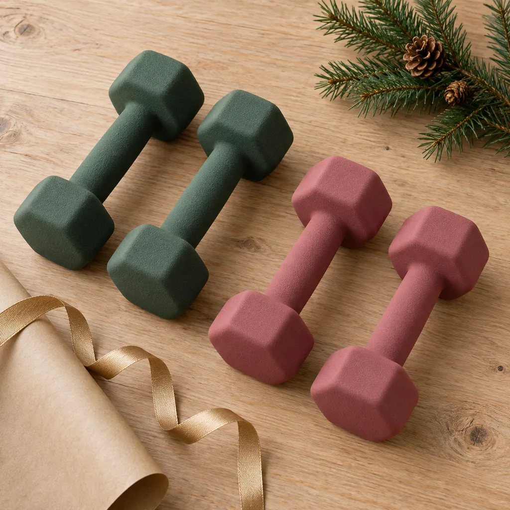 Representative photo-style image of neoprene coated dumbbell set — generated, not a specific product