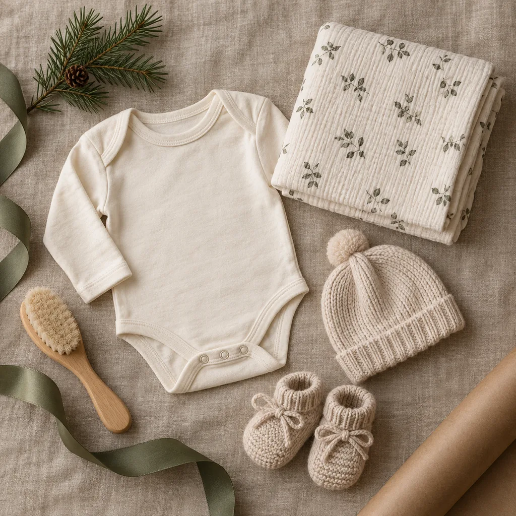 Representative photo-style image of newborn baby essentials gift set — generated, not a specific product