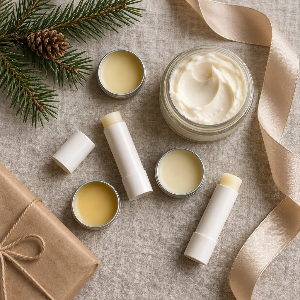 Representative photo-style image of nourishing lip balm collection — generated, not a specific product