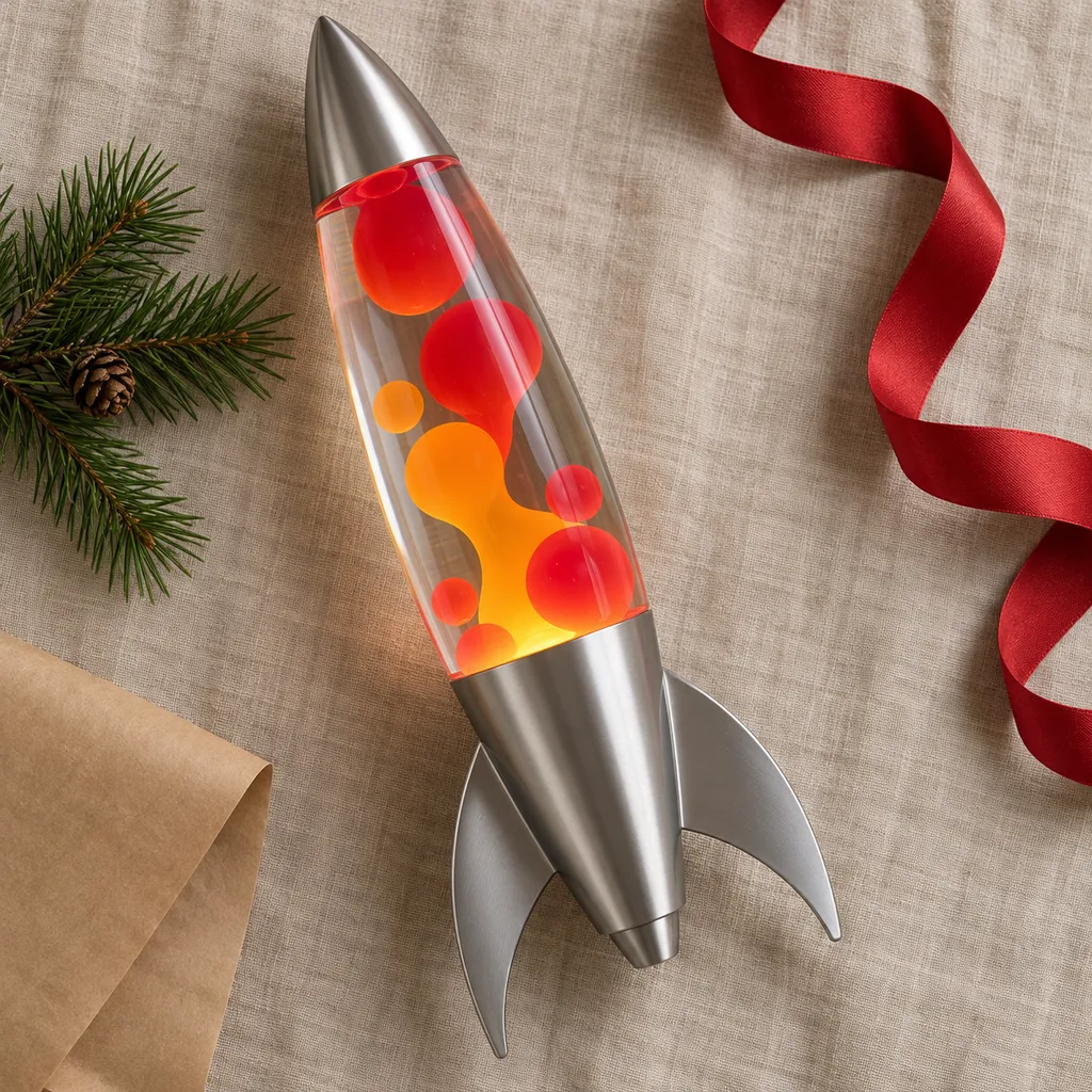 Representative photo-style image of novelty rocket motion lamp — generated, not a specific product