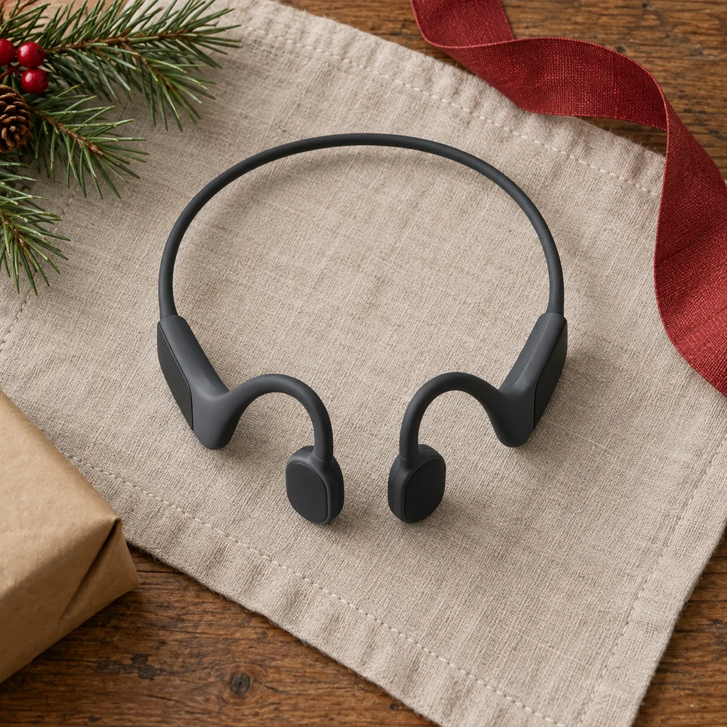 Representative photo-style image of open-ear bone conduction headphones — generated, not a specific product