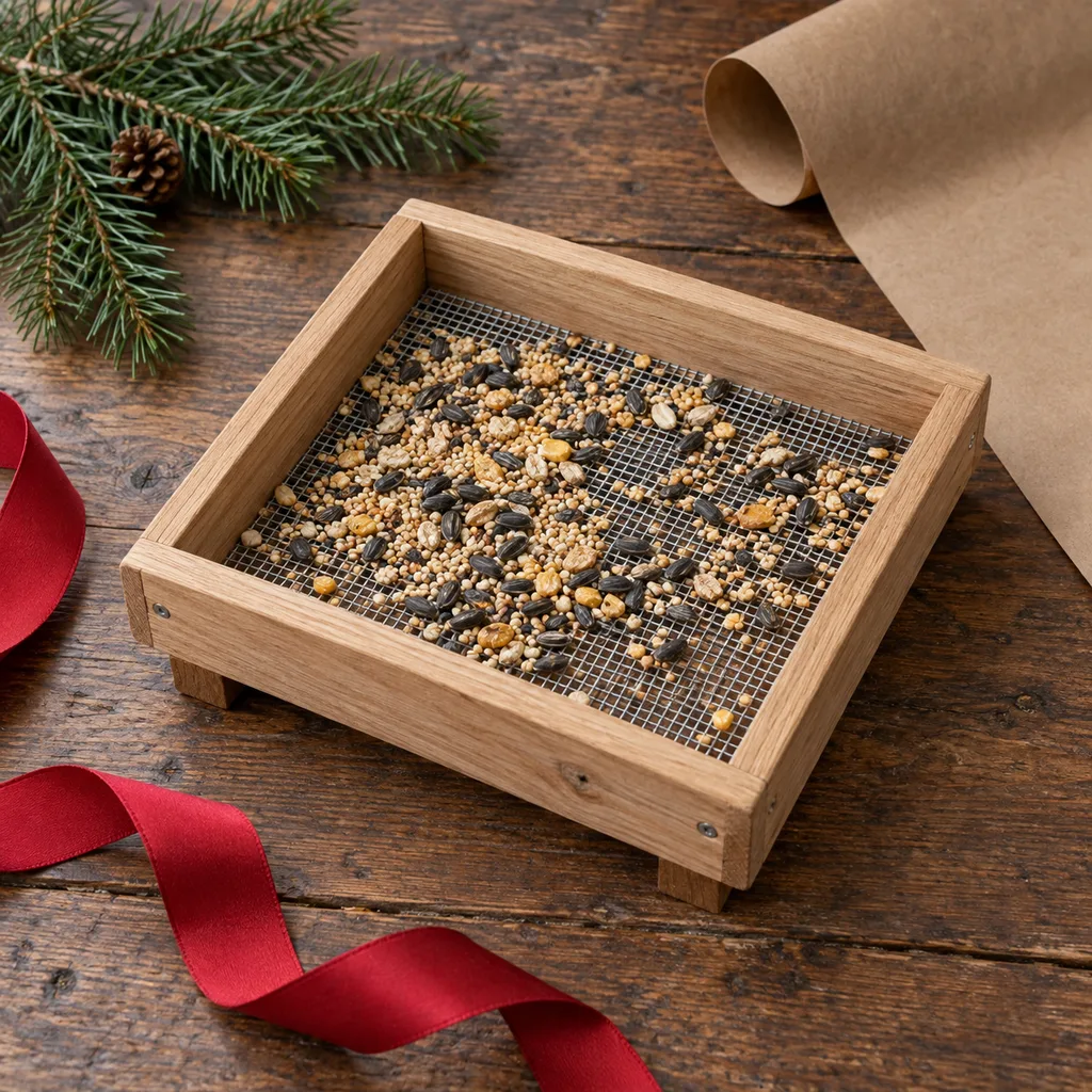 Representative photo-style image of open platform ground bird feeder — generated, not a specific product