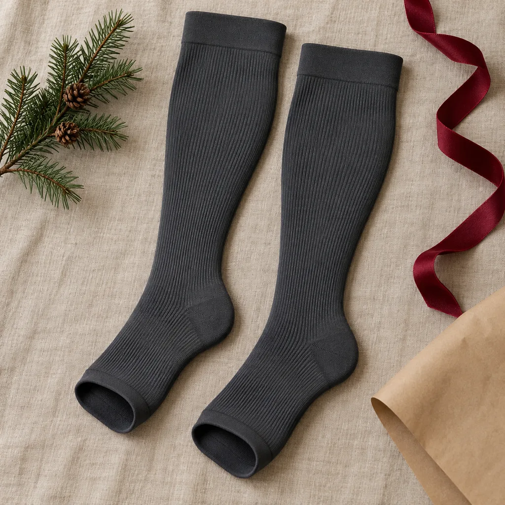 Representative photo-style image of open-toe compression calf sleeves — generated, not a specific product
