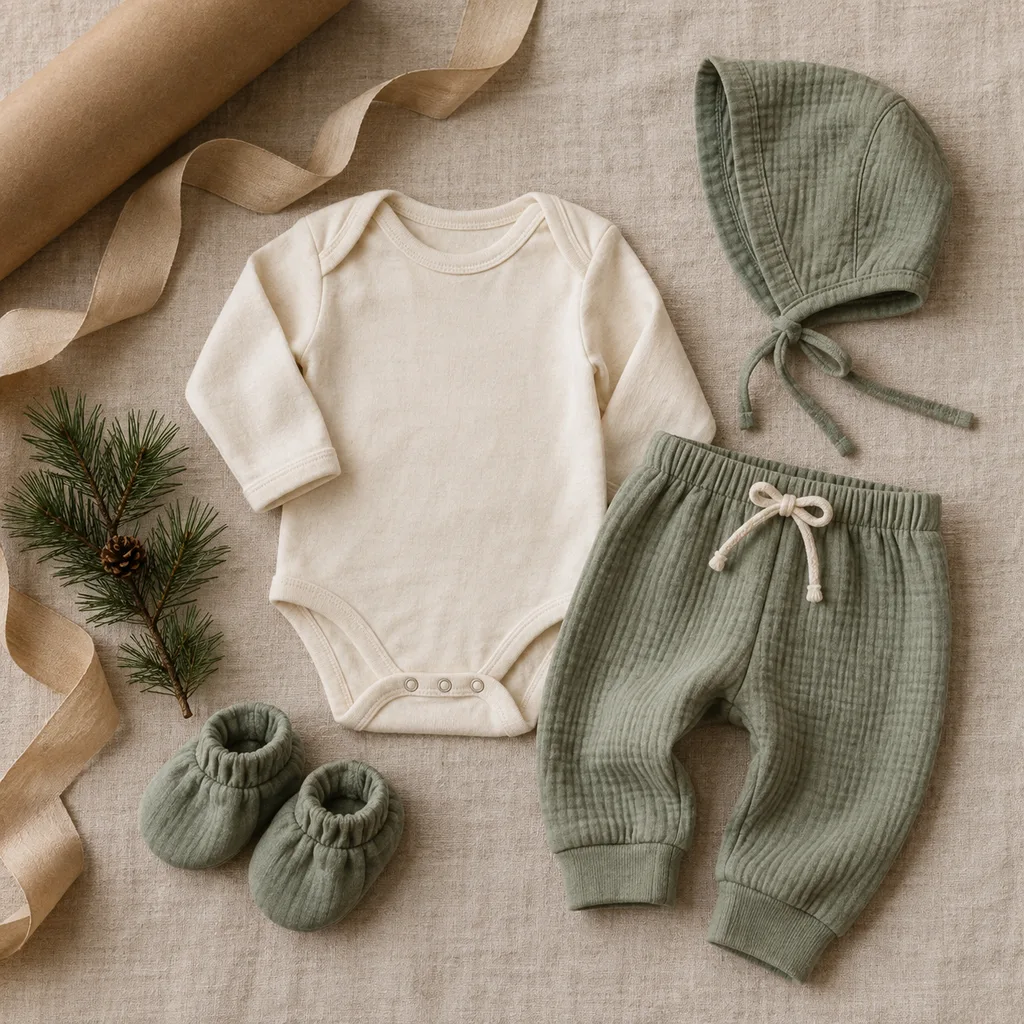 Representative photo-style image of organic cotton baby apparel set — generated, not a specific product